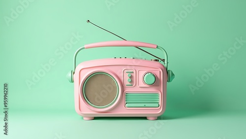 Antilo radio illustration, 80s and 90s, retro colors on pastel green pink neon light background, copy space.