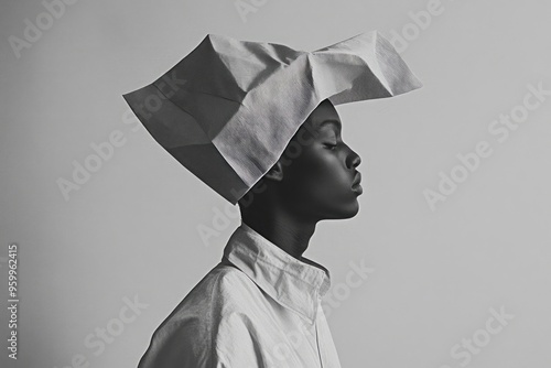 Minimalist fashion shoot, novel unconventional outfit, monochromatic backdrop, bizarre quirky attire, extraordinary shapes, atypical textures, defying fashion norms, rarity, unusualness photo