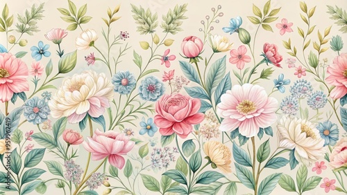 Delicate, intricately illustrated blooming flowers in pastel hues create a beautiful, repeating border pattern on a soft, creamy background, perfect for designs and textiles.