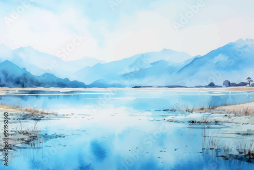 Serene watercolor mountain lake