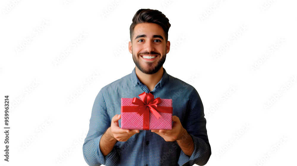smiling sympathic handsome brunette man holding a red gift in his hands; guy looking directly;concept of celebration: birthday, anniversary; white background smiling sympathic handsome brunette man holding a red gift in his hands; guy looking directly;concept of celebration: birthday, anniversary; white background