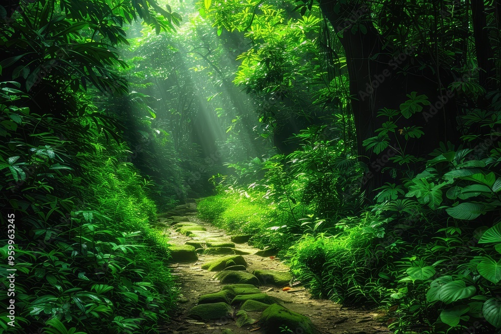 Obraz premium A serene forest path illuminated by sunlight filtering through lush green foliage, creating a peaceful and tranquil atmosphere.