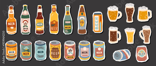 Set of beer bootles, cans and mugs stickers on black background. Oktoberfest concept. Beer festival concept. Beer brewing concept.