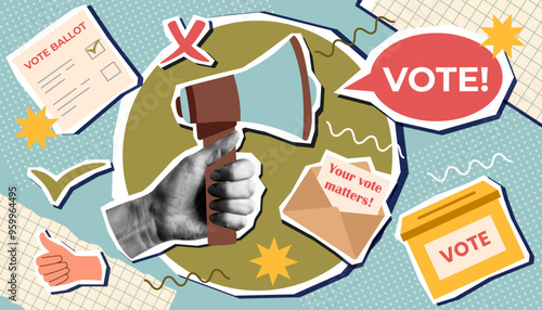 Vote collage in pop art style. Election campaign. Vote banner. Voting concept. Democracy vote.