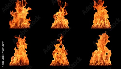 Set of burning flames in distinct shapes, showcasing the raw beauty of fire with bright glowing textures and movement photo