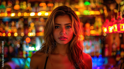 In a bustling bar filled with colorful lights, a striking woman gazes directly at the camera, exuding confidence and charm against a backdrop of bottles