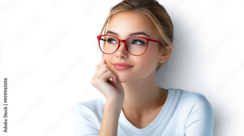 Portrait of a smiling woman wearing red glasses, posed with a thoughtful hand gesture against a bright white background. Portrait of a smiling woman wearing red glasses, posed with a thoughtful hand gesture against a bright white background.