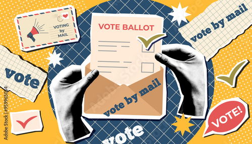 Vote collage in pop art style. Election campaign. Vote banner. Voting by mail concept. Democracy vote.