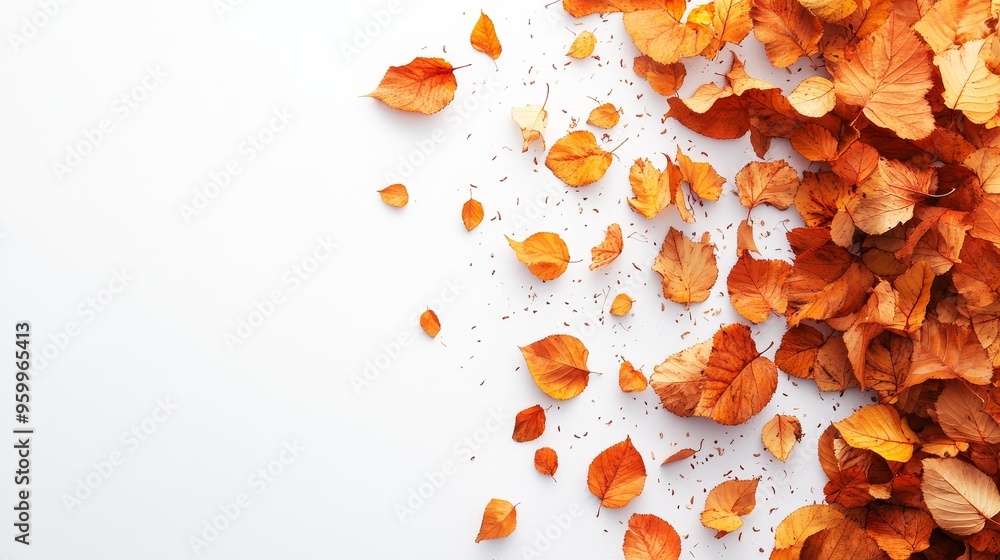 The autumn leaves gently fall from above, with a pure white background, forming a minimalist and peaceful composition that highlights the beauty of simplicity and nature. The autumn leaves gently fall from above, with a pure white background, forming a minimalist and peaceful composition that highlights the beauty of simplicity and nature.