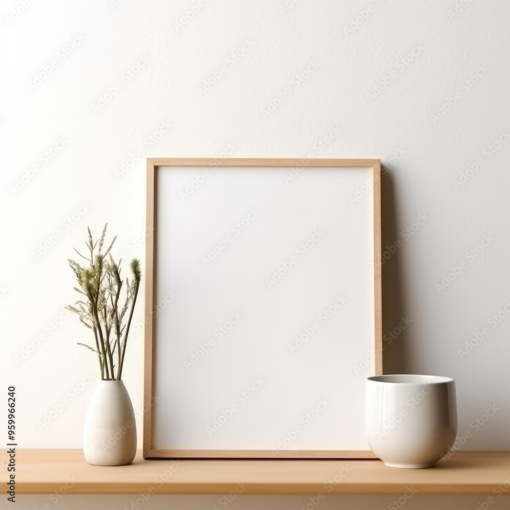 Empty picture frame on shelf with vase and plant, minimalist interior design. Empty picture frame on shelf with vase and plant, minimalist interior design.