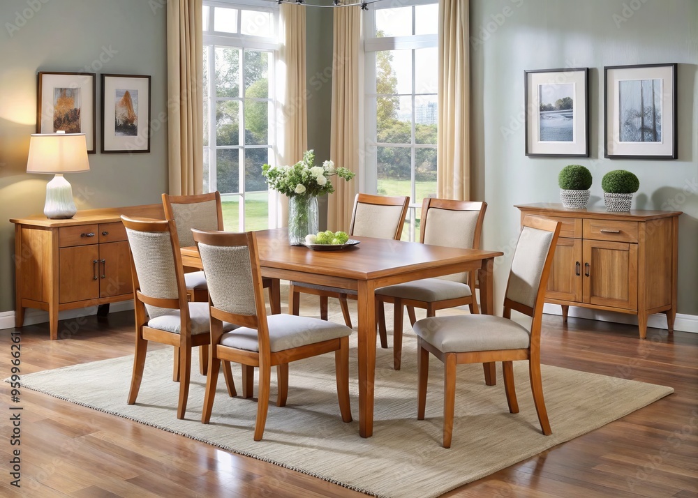 * This modern dining room furniture set combines comfort and style, featuring clean lines, a warm wood finish, * This modern dining room furniture set combines comfort and style, featuring clean lines, a warm wood finish,