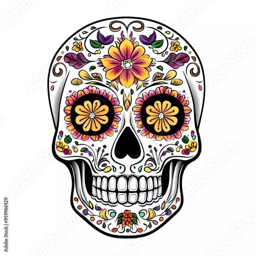 Sugar Skull. Day of the Dead skull, isolated on white background. Dia de los Muertos. Mexican sugar skull