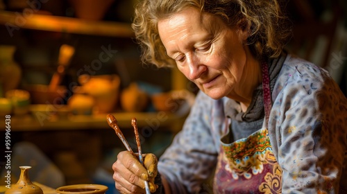 Renaissance artist handbuilding pottery using advanced techniques with a focus on decorative slipcasting and glazing photo