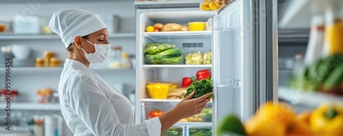 The housewife turns around and is arranging a large refrigerator with the door open