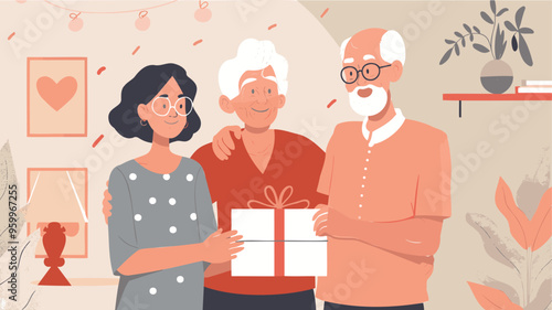 Joyful Grandparents Giving a Birthday Gift to Their Granddaughter in a Family Celebration