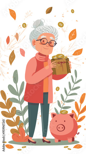 Happy grandmother puts coins in piggy bank for retirement savings and money plan - Pension fund concept of saving for comfortable old age