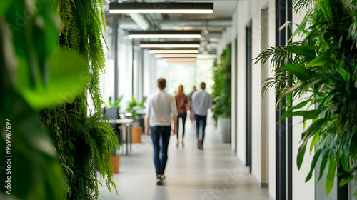 Modern Office Corridor with Lush Greenery and Blurred People photo