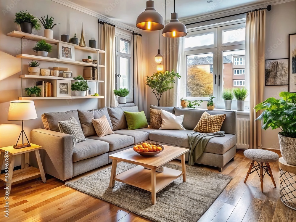 Fototapeta premium Transform a compact living room into a cozy retreat with cleverly chosen space-saving furniture and decorative accents.