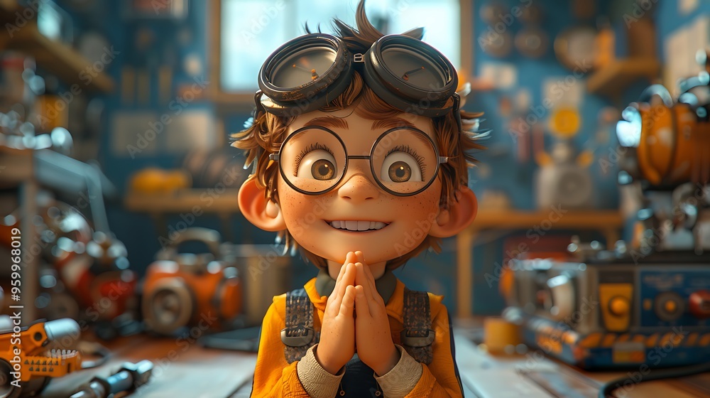 A happy 3D cartoon engineer with a serene expression, hands in a prayer pose, set in a high-resolution digital art scene with a joyful atmosphere and detailed textures of engineering tools A happy 3D cartoon engineer with a serene expression, hands in a prayer pose, set in a high-resolution digital art scene with a joyful atmosphere and detailed textures of engineering tools