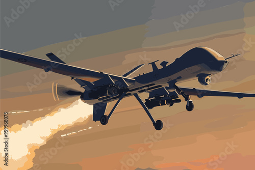 Military drone with missile delivering airstrike, depicting warfare and new technologies photo