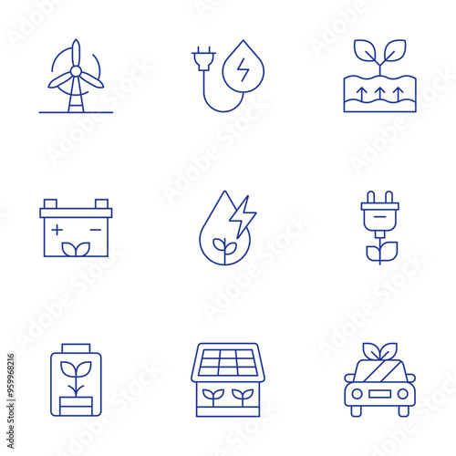 Green energy icons set. Thin Line style, editable stroke. green house, green vehicle, green power, plug, water energy, geothermal energy, battery, ecology and environment, eco battery