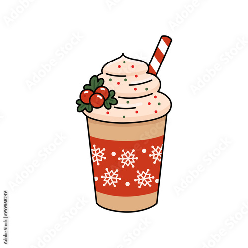 Winter holiday spiced drink in mug. Warm cacao cup with whipped cream and berry. Sweet cozy Christmas beverage. Seasonal tasty coffee. Vector illustration isolated on white background