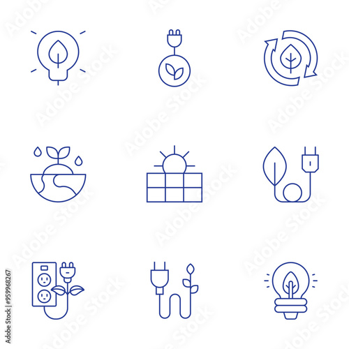 Green energy icons set. Thin Line style, editable stroke. power socket, solar panel, light bulb, ecology, bio energy, clean energy, bulb, green energy