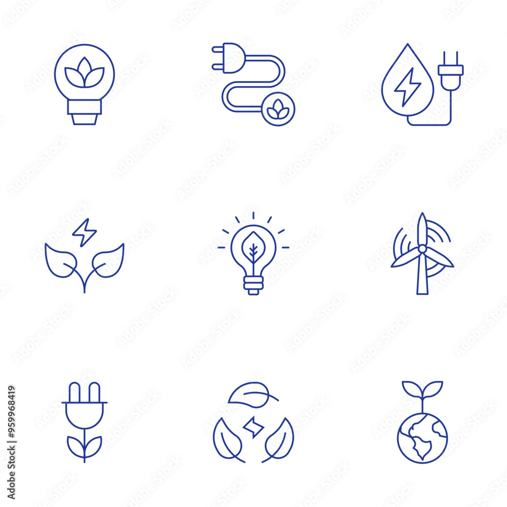 Green energy icons set. Thin Line style, editable stroke. green energy, sustainability, plant, save energy, wind energy, environment, eco energy, hydro power Green energy icons set. Thin Line style, editable stroke. green energy, sustainability, plant, save energy, wind energy, environment, eco energy, hydro power