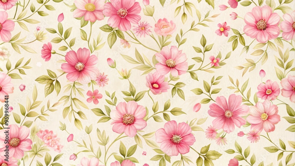 Delicate pink flowers bloom on a soft, creamy seamless canvas, creating a beautiful, romantic, and whimsical repeating pattern perfect for backgrounds and wall art. Delicate pink flowers bloom on a soft, creamy seamless canvas, creating a beautiful, romantic, and whimsical repeating pattern perfect for backgrounds and wall art.