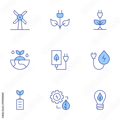 Green energy icons set. Line Duotone style, editable stroke. windmill, sustainable energy, green energy, ecology, water energy, energy, battery