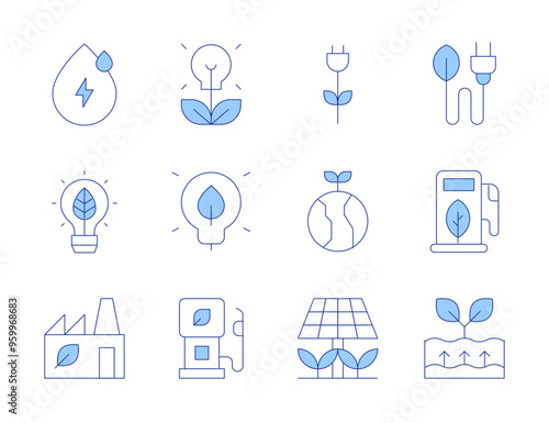 Green energy icons. Line Duotone style, editable stroke. wire, eco factory, solar panel, green energy, bio, bulb, plug, geothermal energy, earth, water drop