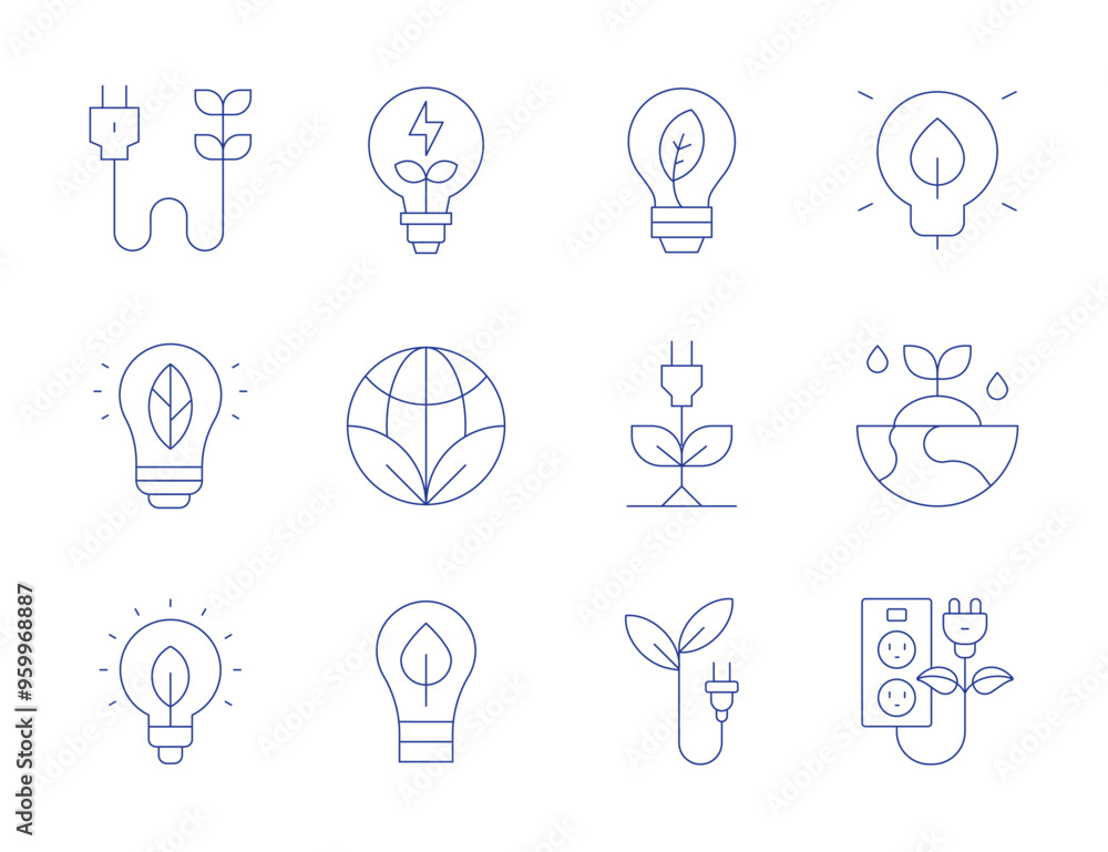 Green energy icons. Thin Line style, editable stroke. green energy, plant, power socket, ecology, bulb, eco friendly, bio energy, save energy Green energy icons. Thin Line style, editable stroke. green energy, plant, power socket, ecology, bulb, eco friendly, bio energy, save energy