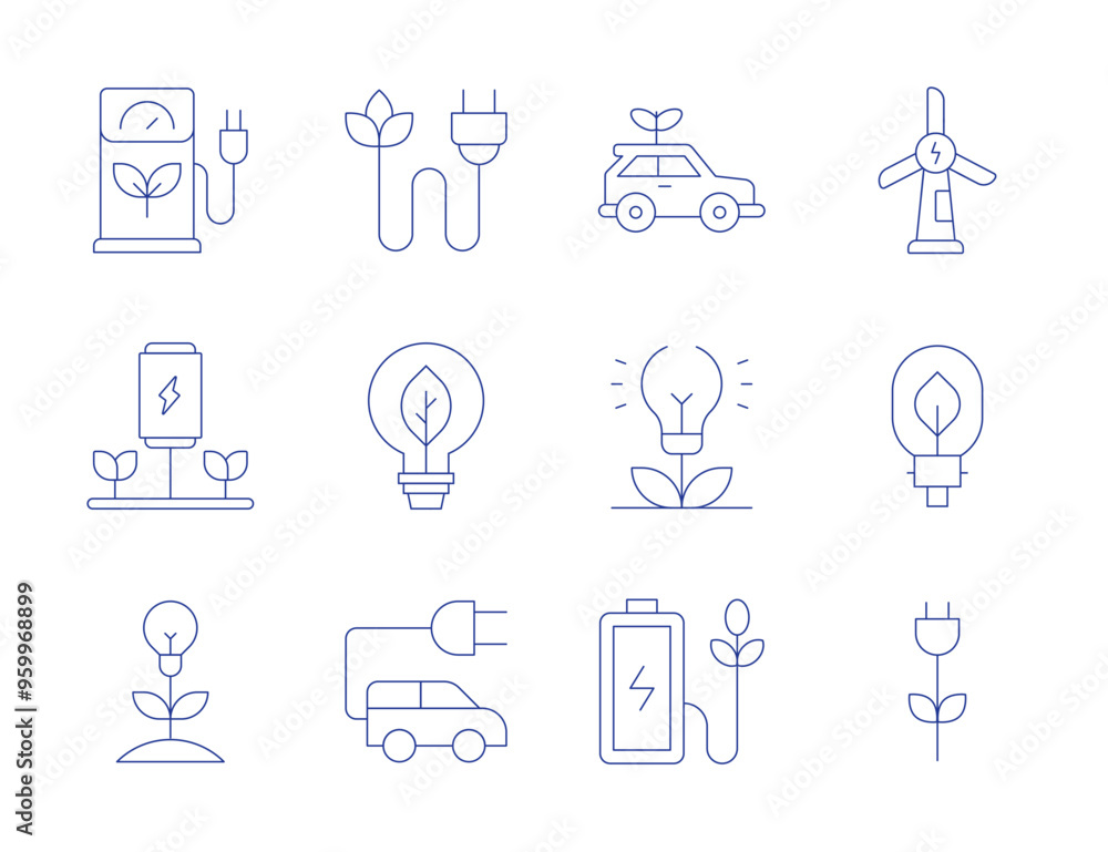 Green energy icons. Thin Line style, editable stroke. green energy, electric car, eco fuel, plug, eco energy, wind energy, bio energy, energy saving, eco battery, green car Green energy icons. Thin Line style, editable stroke. green energy, electric car, eco fuel, plug, eco energy, wind energy, bio energy, energy saving, eco battery, green car