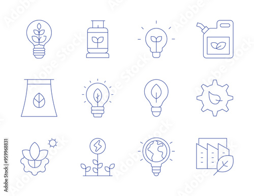 Green energy icons. Thin Line style, editable stroke. eco light, biofuel, factory, sustainable energy, eco, eco factory, bio energy, green energy, biogas, idea