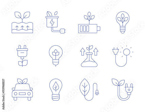 Green energy icons. Thin Line style, editable stroke. biomass, ecology, green energy, green vehicle, lightbulb, plug, sustainable energy, geothermal energy, solar energy, battery