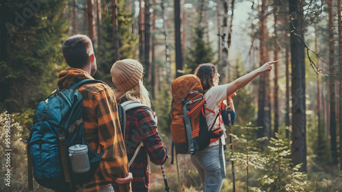 Wallpaper Mural friends team adventure for hiking and camping in forest together. Family travel relaxation. Trekking and trail activity in wild life concept. Woman pointing at tree or sky. Copy space Torontodigital.ca