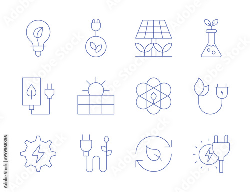 Green energy icons. Thin Line style, editable stroke. light bulb, sustainable energy, charge, energy, solar panel, laboratory, green energy, bio energy