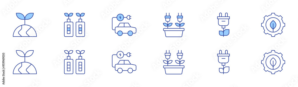 Green energy icon set in two styles, Duotone and Thin Line style. Editable stroke. biomass, plug, leaf, ecology, battery, eco car Green energy icon set in two styles, Duotone and Thin Line style. Editable stroke. biomass, plug, leaf, ecology, battery, eco car