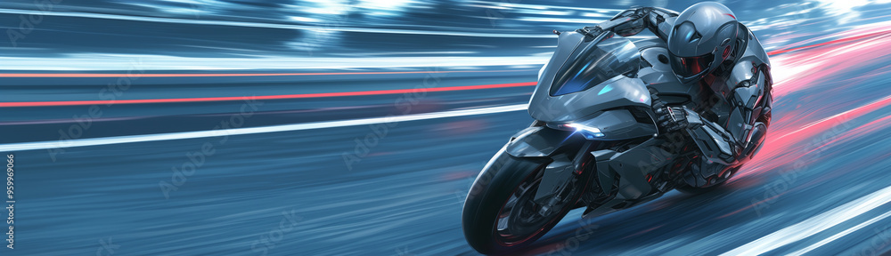 Racer on sportbike. Futuristic sportbike. Hi speed. Ultra wide illustration. AI robot. poster, invitation, flyer, banner, header. Background wallpaper, poster, flyer, banner. Generative AI content Racer on sportbike. Futuristic sportbike. Hi speed. Ultra wide illustration. AI robot. poster, invitation, flyer, banner, header. Background wallpaper, poster, flyer, banner. Generative AI content