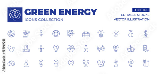 Green energy icons collection. Thin Line icons, editable stroke. ecology, bio energy, clean energy, bulb, green energy, water energy.