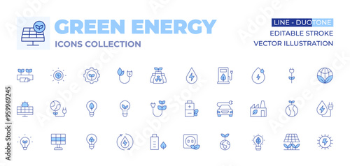 Green energy icons collection. Line Duotone style, editable stroke. eco battery, green energy, idea, ecology, biomass energy, renewable energy, solar energy, light bulb, socket, planet