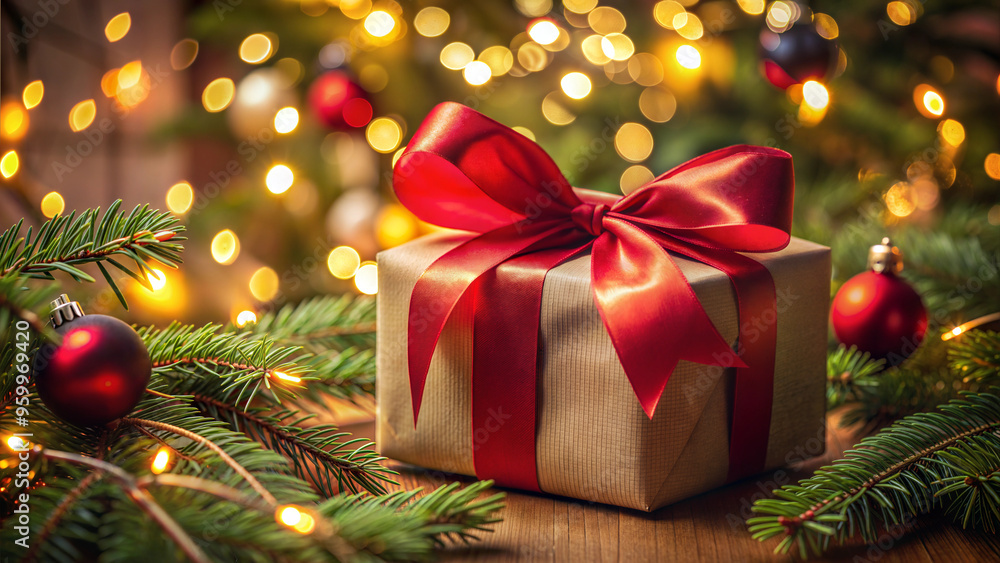 Gift in beige wrapping with red bow against Christmas tree branches, ornaments, and garland bokeh Gift in beige wrapping with red bow against Christmas tree branches, ornaments, and garland bokeh