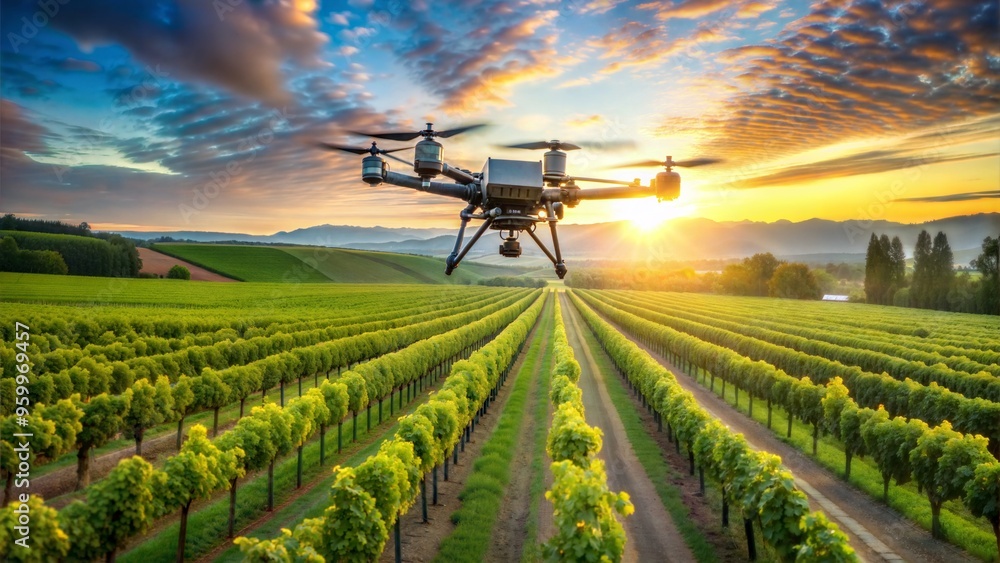 drone sprayer flies over the vineyard drone sprayer flies over the vineyard