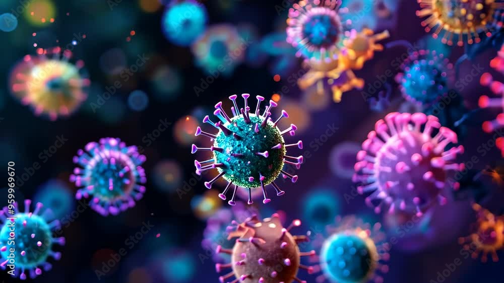 Colorful 3D illustration of virus particles in close-up view Colorful 3D illustration of virus particles in close-up view