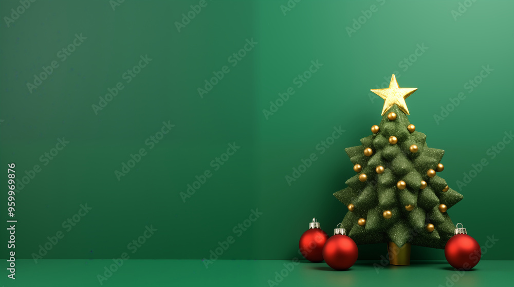 Green christmas tree decorate with gold star, red christmas ball, gift isolated on green background, text space, template for advertising Green christmas tree decorate with gold star, red christmas ball, gift isolated on green background, text space, template for advertising