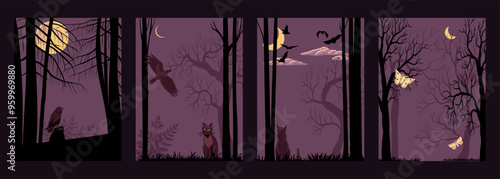 vector drawing set of cards with night forest landscape with trees, bats, plants silhouettes and moon, hand drawn illustration, halloween posters, cover design,