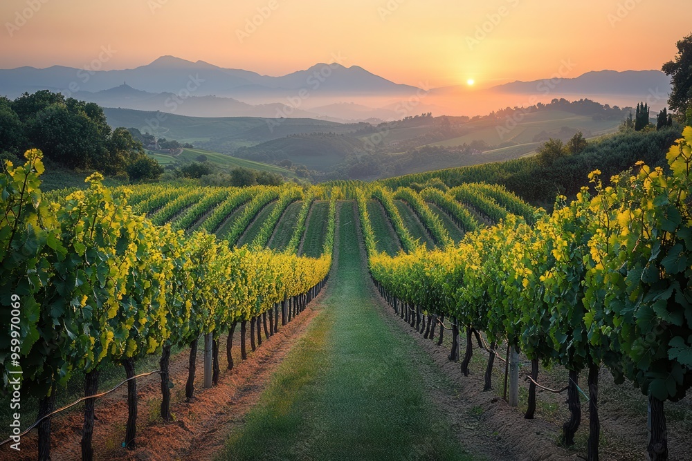Fototapeta premium golden hour bathes rolling vineyards in warm light rows of grapevines stretch to misty purple mountains on horizon