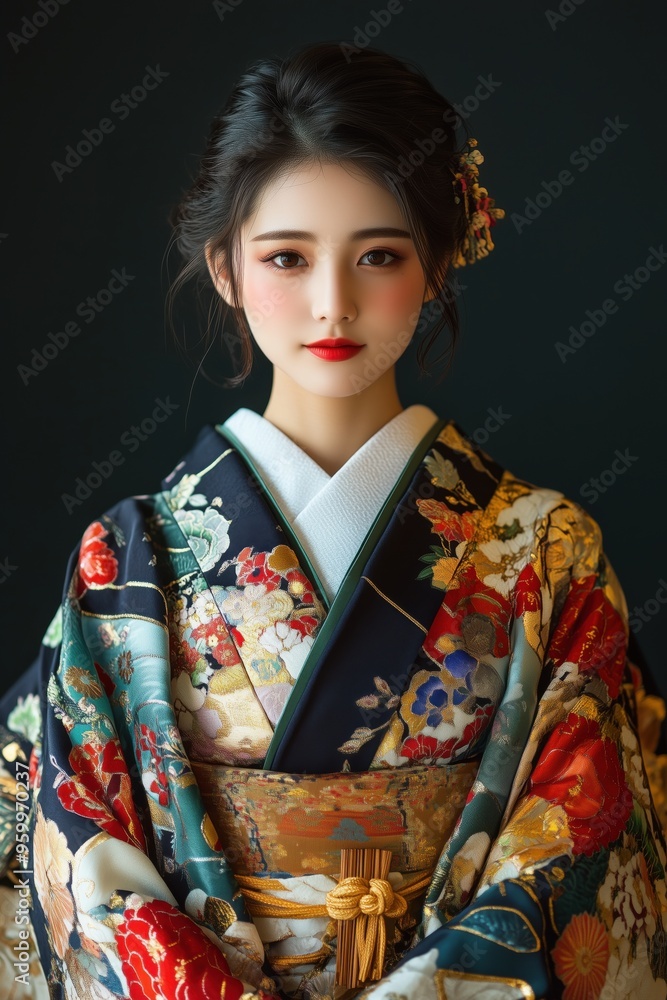 Woman in ornate black and gold kimono. Young woman in an elaborate black and gold kimono stands elegantly, highlighting the intricate patterns and rich textures of her traditional attire. Woman in ornate black and gold kimono. Young woman in an elaborate black and gold kimono stands elegantly, highlighting the intricate patterns and rich textures of her traditional attire.