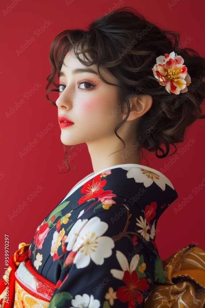 Striking portrait of a woman in a floral kimono with a red background, her elegant pose and traditional attire highlighting Japanese culture and fashion. Striking portrait of a woman in a floral kimono with a red background, her elegant pose and traditional attire highlighting Japanese culture and fashion.