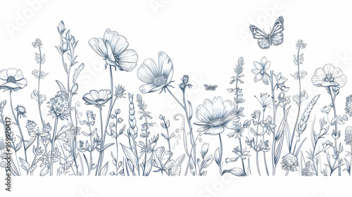 Group of Wildflowers, herbs, flowers, plants and butterflies flyng around. Outline